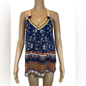 Jolt Women’s Sleeveless Navy Floral Tank Top with Mixed Border Print size S